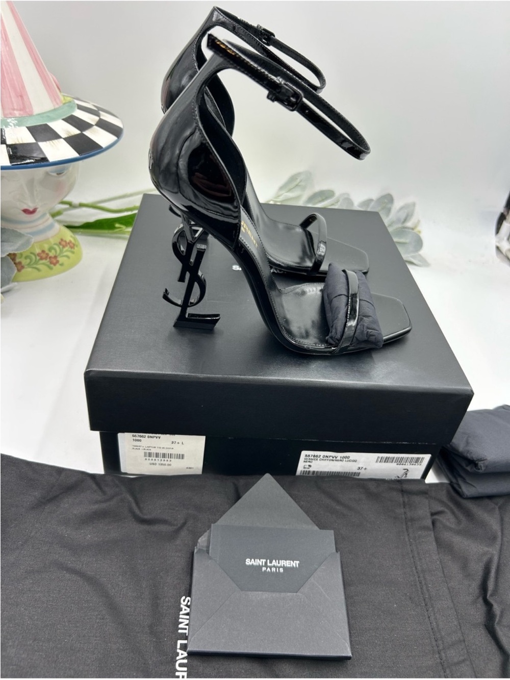 Saint Laurent YSL  Black Patent  Opyum Logo-Heel Ankle-Strap Sandals. Size 37.5 - Picture 5 of 10